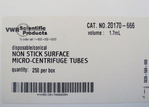 Pk/170 vwr slick 1.7ml disposable pp microcentrifuge tubes 20170-666 for sale