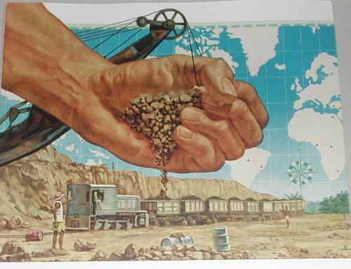 1954 Union Carbide advertisement, Manganese, mine locomotive, ore cars,