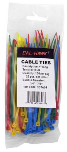 100-pc. 4&#034; Colored Zip Cable Ties - Multi-Use - Self-Locking - Nylon