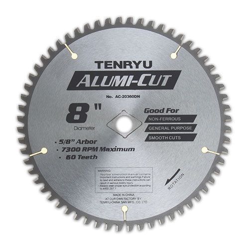 Tenryu Saw Blade 8&#034; x 5/8&#034; 60T Non-Ferrous Metal for Cutting Aluminum &amp; Plastic