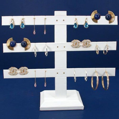 12 pair white faux leather earring 3 t-bar stand for sale
