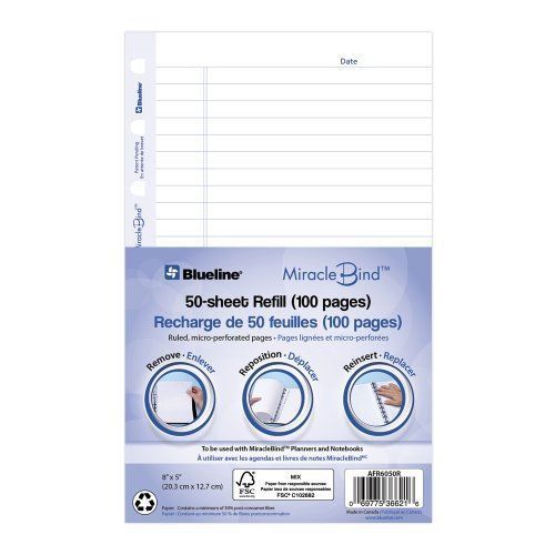 Blueline AFR6050R MiracleBind Ruled Paper Refill Sheets, 8 x 5, White, 50