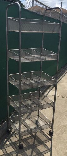 Store Display Fixtures ROLLING RACK WITH TILTED SHELVES 66&#034; TALLSilver