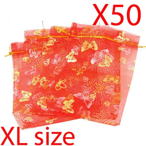 50 XL red butterfly organza gift candy bags jewellery favour pouches wrap