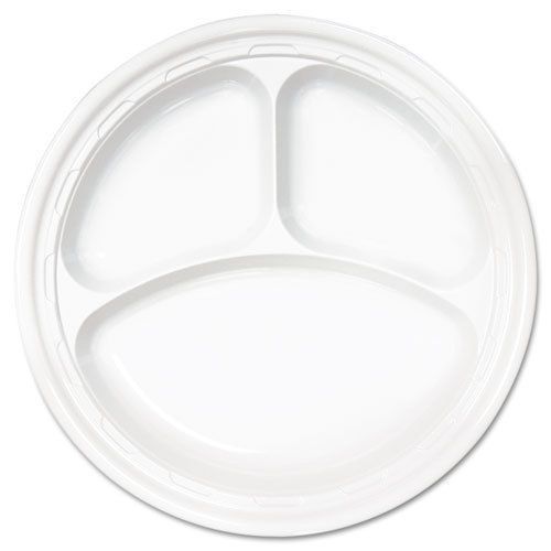Famous service plastic dinnerware, plate, 3-comp, 10 1/4 dia, white, 500/carton for sale