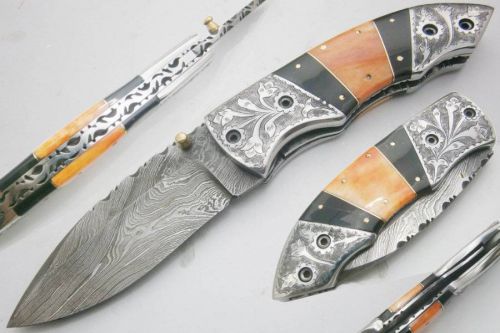 One of kind! custom hand made damascus steel engraved folding knife (uk-00066.1f for sale