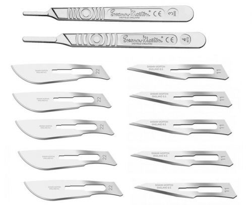 2 Swann Morton Graduated Surgical Scalpel Handle #3 #4+10 Sterile Blades #11 #22