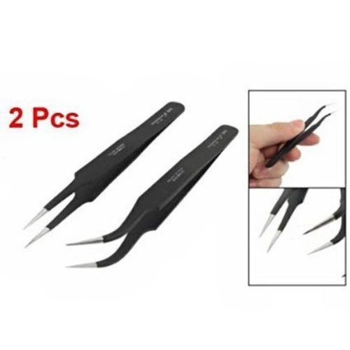 HINDAWI 13cm Length Black Anti-magnetic Straight Curved Tweezers 2 Pcs