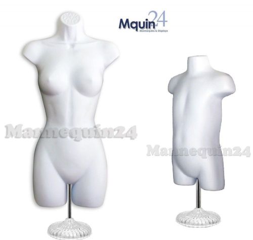 A SET of FEMALE &amp; TODDLER MANNEQUINS + 2 STANDS + 2 HOOKS WHITE DRESS BODY FORMS