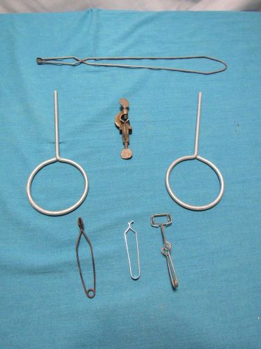 Science Lab Accessories Lot Flask Holders 4 1/2&#034;, Clamp, Glass Cutter, Tongs