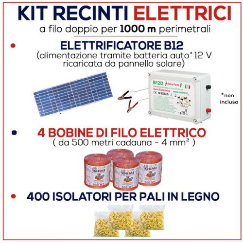 Electric fence kit for 2000 mt - energizer b/12 + solar panel + wire +insulators for sale