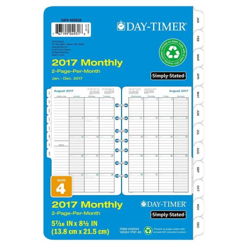 Day-Timer Simply Stated (12024) Monthly Refill 2017, 2 Page Per Month