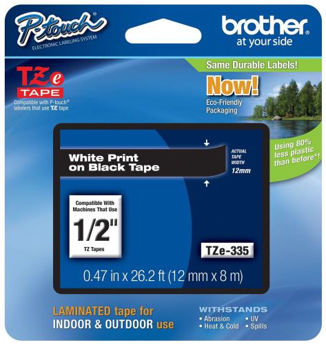 Brother P-touch ~1/2&#034; (0.47&#034;) White on Black Standard Laminated Tape - 26.2 f...