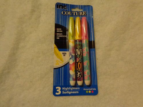 NEW PACK of 3 Couture Inc - HIGHLIGHTERS - Fun Designs Chisel Tip