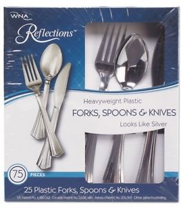 WNA 612375 Heavyweight Plastic Cutlery Combo: Fork, Knife, Spoon; Silver,
