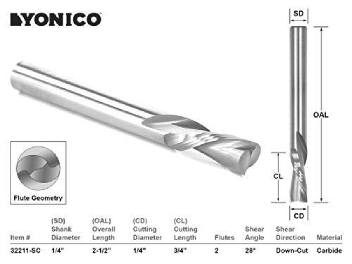 Yonico 32211-SC CNC Router Bit Down Cut Solid Carbide with 1/4-InchX 3/4-Inch X