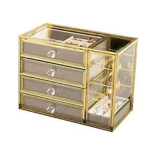 Golden Brass Vintage Glass 4 Drawers Jewelry Box with Earrings Hanging Stand