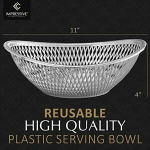 Large Plastic Silver Bread Baskets - 4 Pack Reusable 12” Oval Food Storage Baske