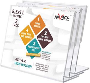 NIUBEE Acrylic Sign Holder 8.5x11 Inches 3 Pack Landscape, Slant Back Clear Pape