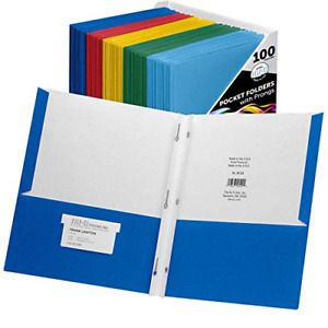 FILE-EZ Two-Pocket Folders with 3-Prong Fasteners, Assorted Colors, 100-Pack,