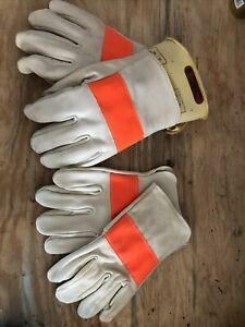 (2) PAIR GENCO LEATHER GLOVES FOR LINEMAN/UTILITY WORKER W/RUBBER GLOVES &amp; CASE!