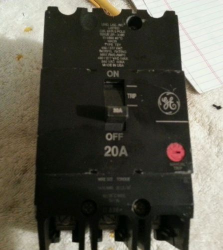 GE 320 bolt on 3 pole 20 amp 480/277 volt type TEY breaker