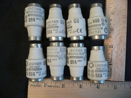 Lot of 8, 50 amp 500v Lindner  bottle fuses.