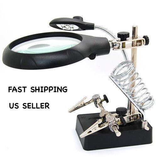 Electronic solder 2.5x 7.5x 10x 5-led illuminated magnifier auxiliary clip stand for sale