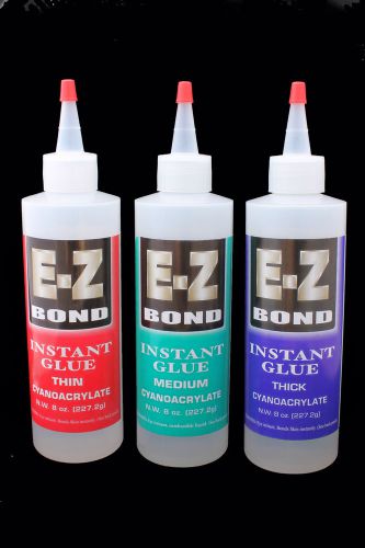 3 bottles e-z bond super glue (cyanoacrylate) 8 oz each thick, medium, thin for sale