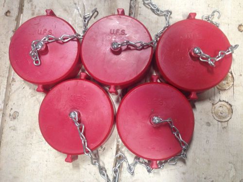 Lot of 5 2 1/2&#034; nst(m) polycarbonate red fire hose hydrant cap w/ chain usf sca for sale