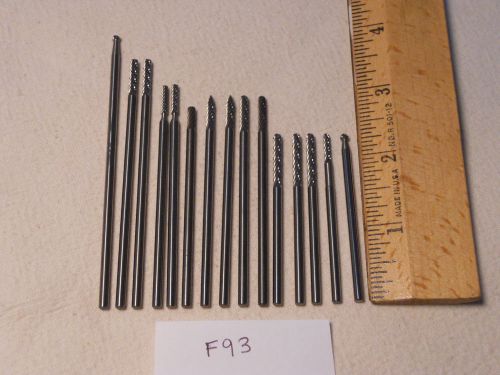 15 NEW 3 MM SHANK CARBIDE BURRS. GREAT VARIETY OF SHAPES. LONGS. USA MADE  {F93}