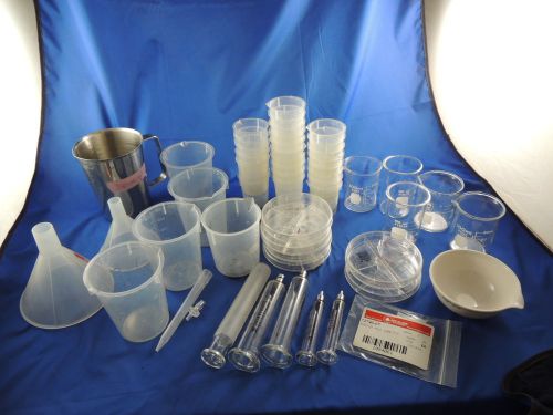 Large lot plastic glass labware cylinders beakers funnels thimbles + more for sale