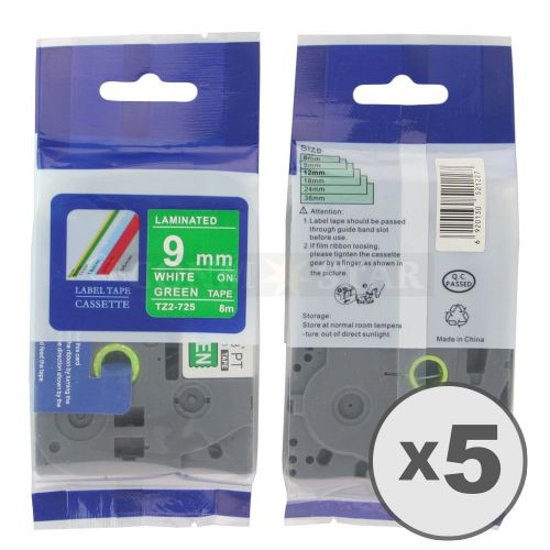 5pk White on Green Tape Label Compatible for Brother PTouch TZ 725 TZe 725 9mm