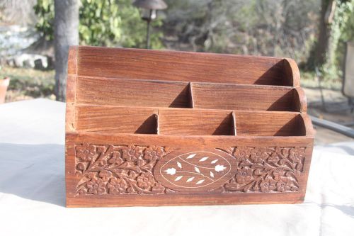 Archana Handicrafts Made in India Wood Desk Organizer Letter Holder White Inlay