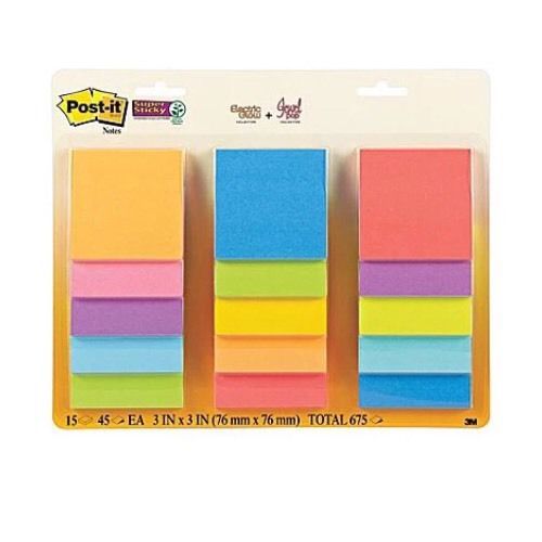Post-it® super sticky 3&#034; x 3&#034; assorted color notes, 15 pads/pack for sale