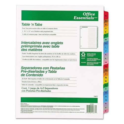 Office Essentials Table &#039;N Tabs Dividers, 26-Tab, A-Z, Letter, Assorted, 1 Set