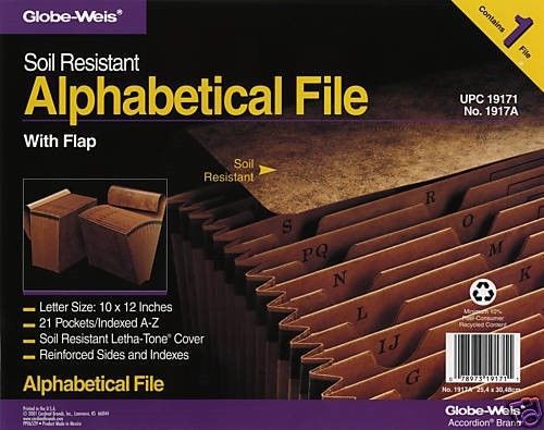 Globe-Weis Soil Resistant Expandable Alphabetical File - New in Sealed Package..