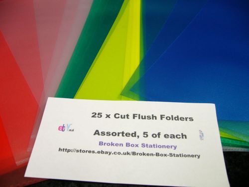 25 x Cut Flush File Folders Clear Red Blue Green Yellow 5 of each colour A4