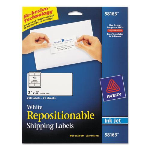 Repositionable Shipping Labels for Laser Printers, 2&#034; x 4&#034;, White, 250/Box