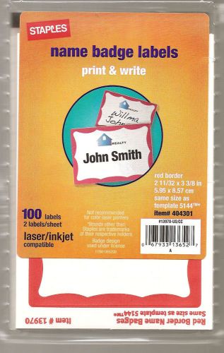Print-or-Write Name Badge Labels, Red Border, 2 11/32&#034; x 3 3/8&#034; Staples - NEW