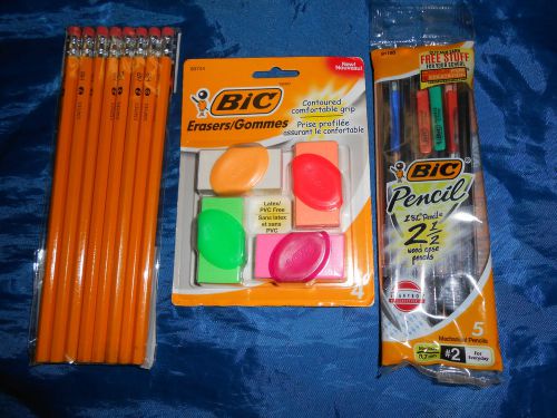 4 Bic erasers, 5 Bic 0.7mm #2 mechanical pencils, 8 HB #2 wood pencils
