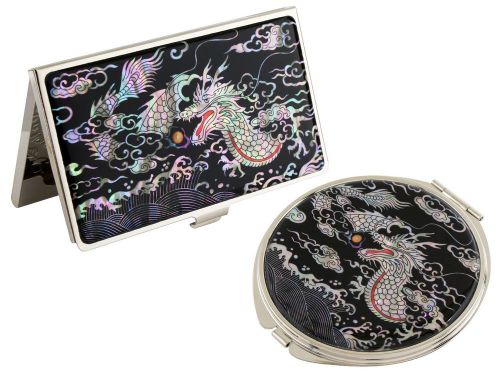 Nacre dragon black business card holder case makeup compact mirror gift set  #53 for sale