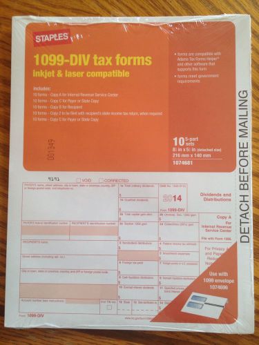 Staples 1099 DIV Tax Forms 10 Forms 5 Part Sets