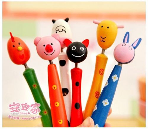 6pcs Korean Kawaii Animal Ball Point Pens fun cute lot wood Zakka hand painted