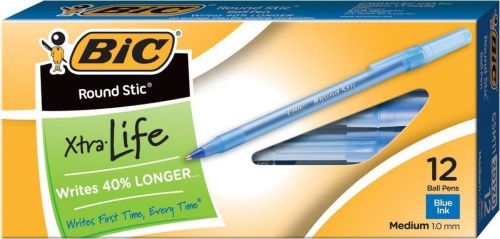 BIC Round Stic Xtra Life Ball Pen, Medium Point, Blue Ink, 12 Count