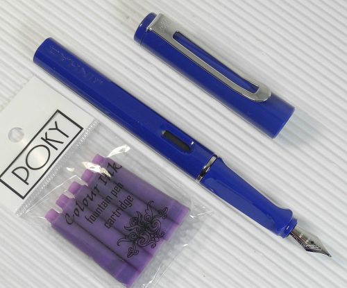 JINHAO 599B Fountain pen BLUE plastic barrel + 5 POKY cartridges VIOLET ink