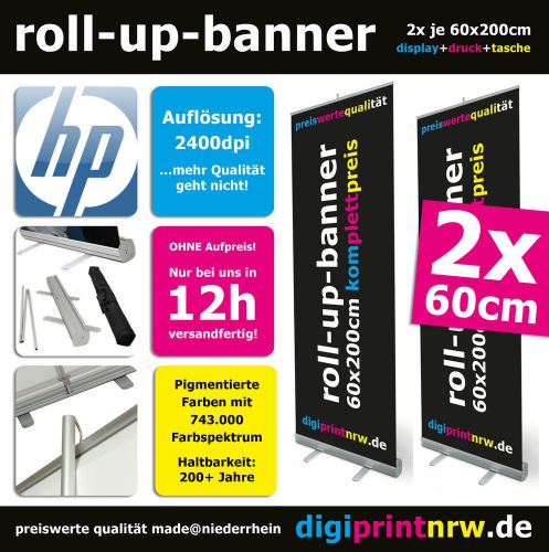 2x Roll-Up Displays Aufsteller + 2x bedruckt DRUCK KOMPLETT Messe Werbung Stand