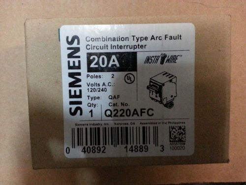 NEW Siemens Q220AFC - 20 Amp 2 Pole Combination Type Arc Fault Circuit Breaker