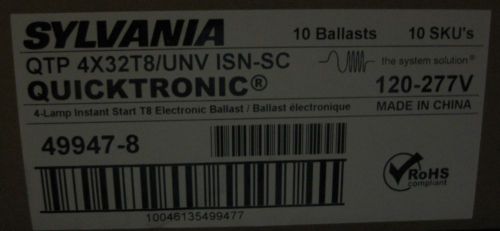 Sylvania ballast 1 box(10) qhe4x32t8/unv 4&#039; 4 lamp 120-277v t8 fluorescent for sale