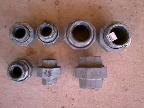 Lot of 7 galvanized pipe unions - 2 sizes - 1&#034; &amp; 1/2&#034; - no reserve free shipping for sale